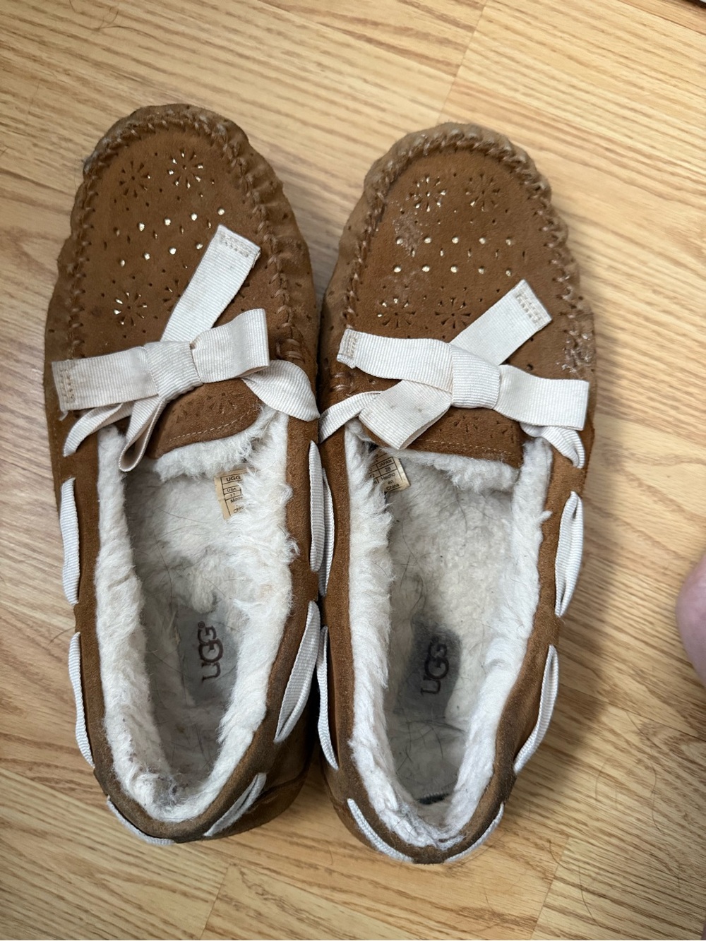 UGG Chestnut Suede Shearling Moccasins with Cream Bows